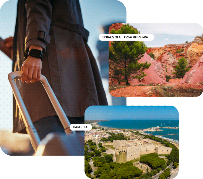 Collage fotografico di tre immagini: dettaglio di un viaggiatore che trasporta un trolley, scorcio delle cave di Bauxite di spinazzola e una veduta dall'alto del Castello Svevo di Barletta con il porto sullo sfondo