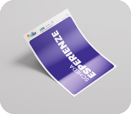 Immagine di un'etichetta viola con la scritta scheda Esperienze - consente lo scaricamento della scheda relativa in pdf